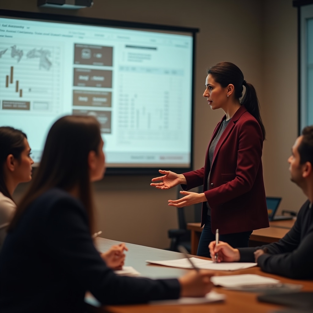 Docente universitaria che guida studenti durante una sessione di simulazione aziendale