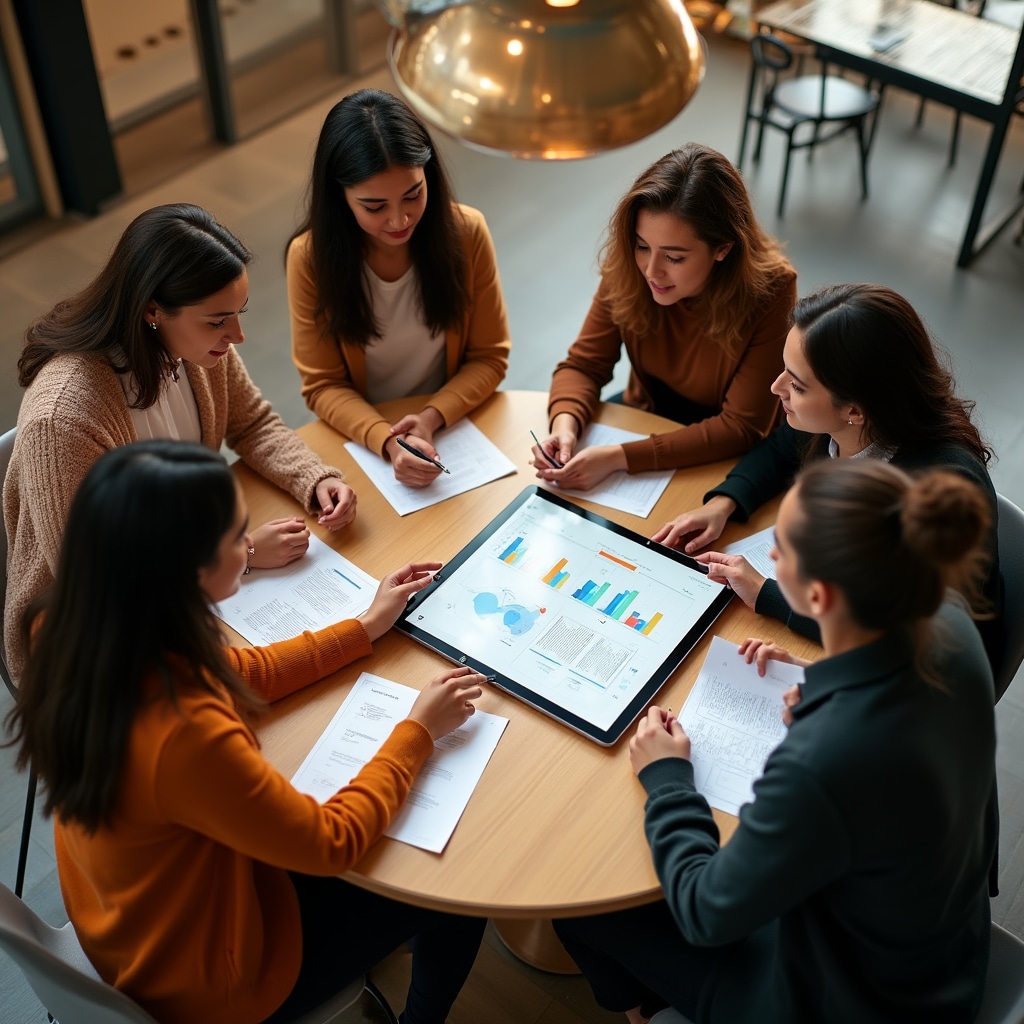 Gruppo di studenti universitari che collaborano su progetto di simulazione aziendale