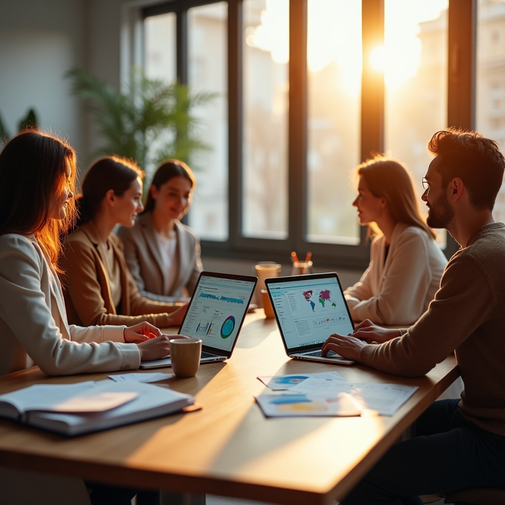 Studenti che lavorano su simulazione aziendale digitale in aula universitaria